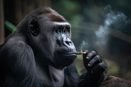 gorilla smoking joint, blowing smoke rings, created with generative aiの素材