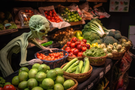 alien shopper picking through basket of fresh fruit and vegetables, created with generative aiの素材