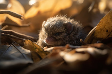 baby hedgehog resting in sunbeam, surrounded by leaves and twigs, created with generative aiの素材