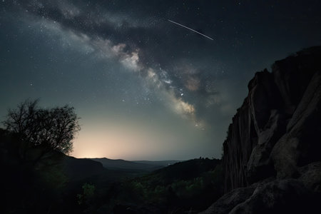 wide-angle shot of the night sky, with hundreds of stars visible and star trails shining, created with generative aiの素材