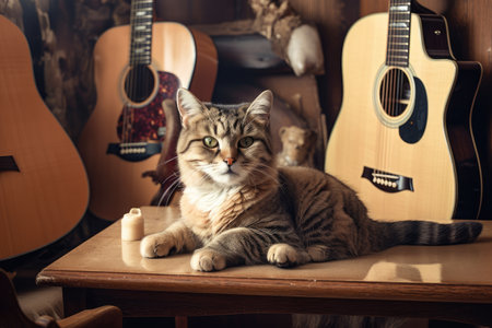 rock star cat sitting on vintage guitar and surrounded by groupies, created with generative aiの素材