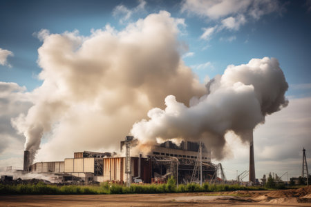 massive bioenergy plant, with thick smoke billowing from its stacks, created with generative aiの素材