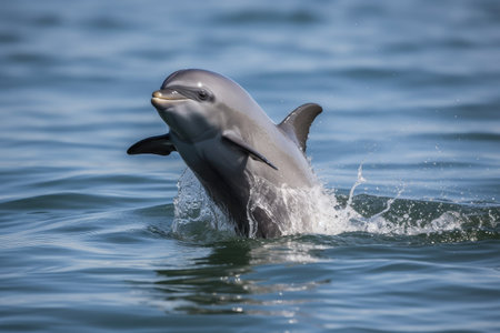 baby dolphin leaping out of the water with its tail in the air, created with generative aiの素材