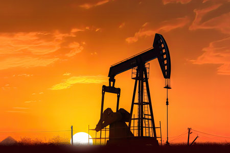 old-fashioned oil derrick in sunset with golden sky, created with generative aiの素材