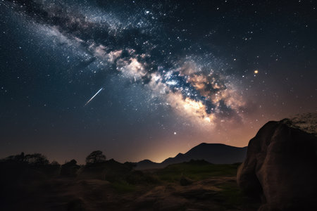 starry night sky with blurry silhouettes of trees, creating dreamy and ethereal atmosphere, created with generative aiの素材