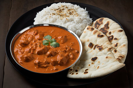 plate of chicken tikka masala, with white rice and side of naan, created with generative aiの素材