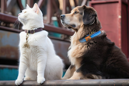 a dog and cat waiting in line for a roller coaster ride, created with generative aiの素材