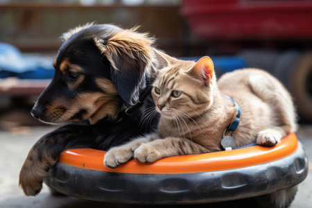 cat and dog in bumper car, bumping each other while having fun, created with generative aiの素材