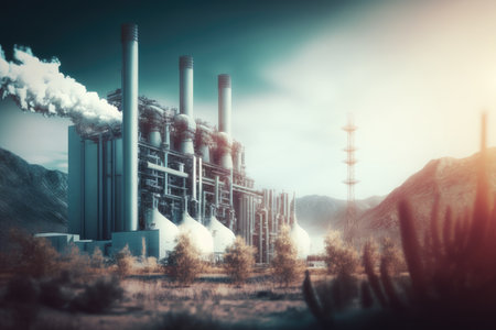 an energy plant, with a blurred background of the surrounding landscape, created with generative aiの素材