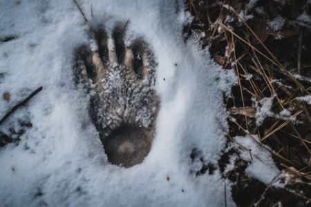 footprint of a wolf in the snow, with droplets of water from melted ice visible next to each paw print, created with generative aiの素材