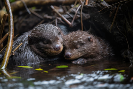 baby otter snuggling with its sibling in warm and safe environment, created with generative aiの素材