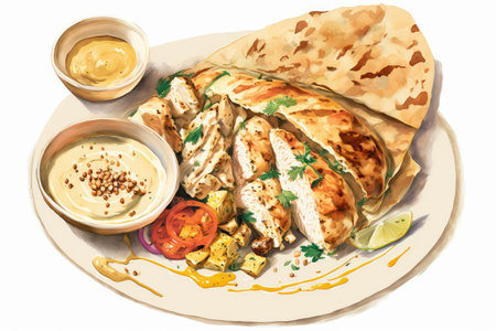 plate of chicken shawarma with pita, hummus, and tahini sauce, created with generative aiの素材