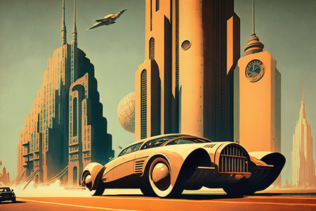 vintage car speeding past futuristic high-rise buildings in futuristic city, created with generative aiの素材