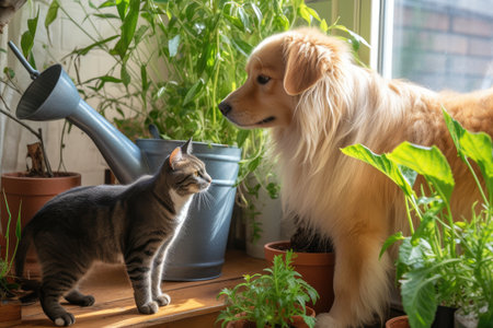 cat watering plants with a watering can and dog sitting nearby, created with generative aiの素材