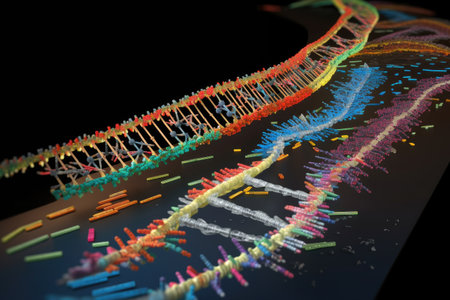 3-d representation of a dna sequence, with specific mutations and substitutions highlighted, created with generative aiの素材
