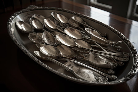 tray of antique silver spoons, ready to be used for breakfast or tea, created with generative aiの素材
