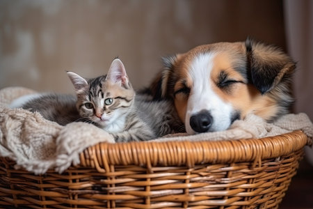 cute puppy and kitten sleeping in basket together, created with generative aiの素材