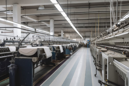 textile factory, with racks of fabric rolls and sewing machines in motion, created with generative aiの素材