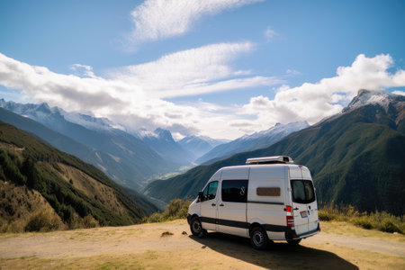 van, surrounded by majestic mountains and azure skies, created with generative aiの素材