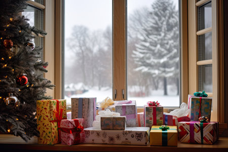 a charming fireplace with a view of the snowy outdoors, and gifts wrapped in colorful paper, created with generative aiの素材