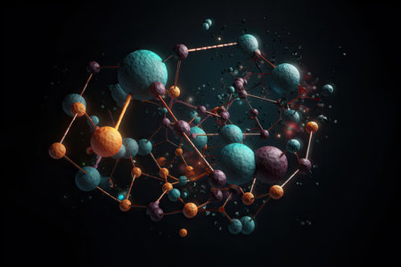 3d model of molecule with various elements, orbiting around each other, created with generative aiの素材