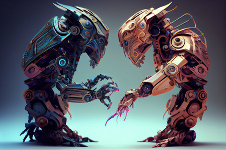 two robots, each with different design features and functions, face off in battle, created with generative aiの素材