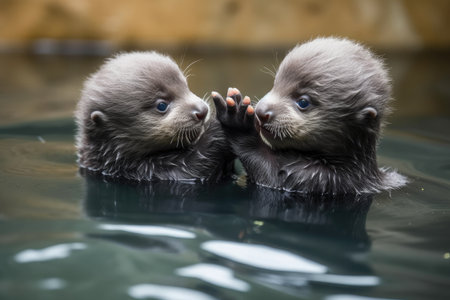 adorable baby otter holding hands with its sibling while floating on the water, created with generative aiの素材