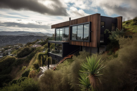 modern home built on steep hillside with stunning views of valley below, created with generative aiの素材