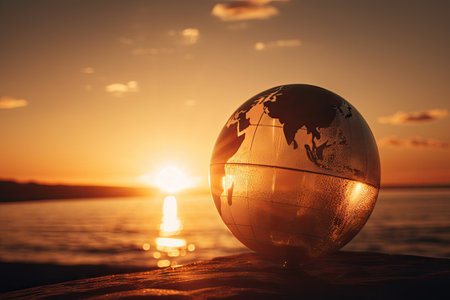 sunrise, with the sun rising over a globe of the world, casting a warm and golden light, created with generative aiの素材