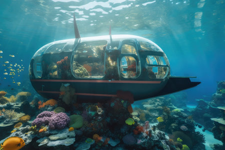 submersible, surrounded by schools of fish and colorful coral reef, created with generative aiの素材