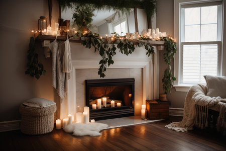 a cozy fireplace with garlands, candles and stockings hanging from the mantel, created with generative aiの素材