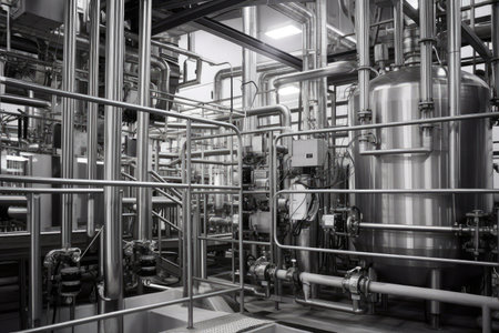 chemical plant, with intricate piping and machinery used to create products, created with generative aiの素材