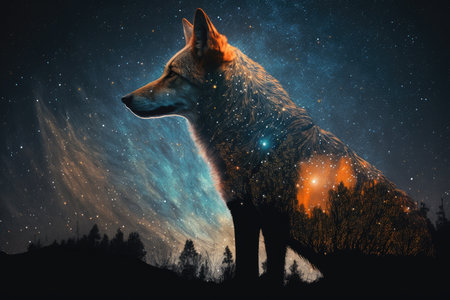 double exposure of wolf and starry night sky, with the stars shining bright, created with generative aiの素材