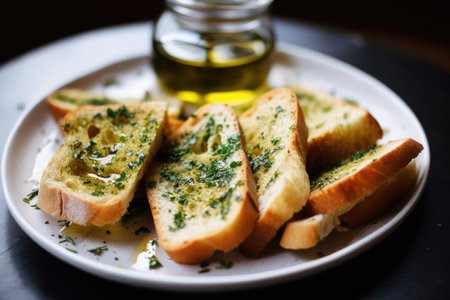 plate of sliced bread, with drizzle of olive oil and sprinkle of herbs, created with generative aiの素材