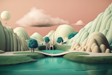 creative and surreal landscape, with optical illusions and unusual shapes, created with generative aiの素材