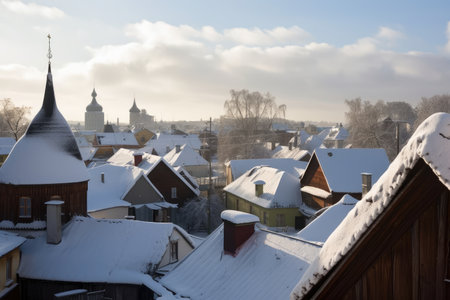 snow-covered village, with chimneys and rooftops visible against the winter sky, created with generative aiの素材