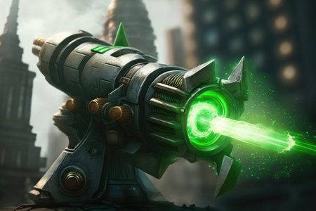 close-up of alien blaster with green energy beam in cityscape, created with generative aiの素材