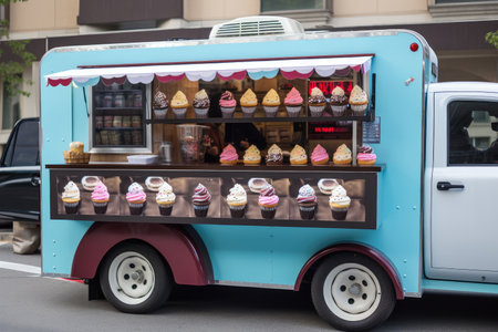 cupcake truck, with various flavors of cupcakes and other baked goods available for purchase, created with generative aiの素材