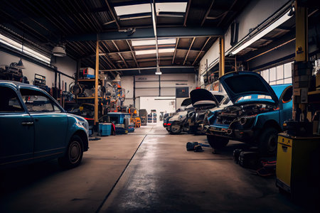 a busy auto shop with multiple vehicles in various stages of repair, created with generative aiの素材