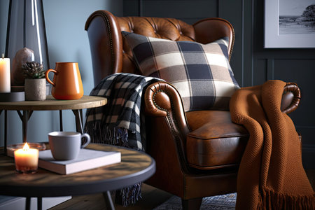 brown leather chair with plaid blanket and mug on the side table, created with generative aiの素材