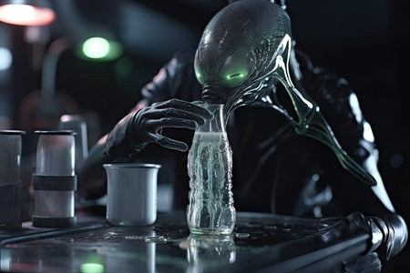 alien worker pouring glass of water, in close-up shot, created with generative aiの素材