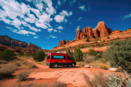 van, surrounded by towering red rocks and blue skies, created with generative aiの素材
