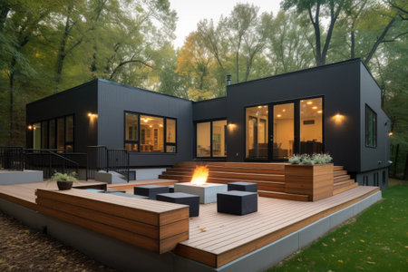 modern single-family home with exterior deck, outdoor seating and fire pit, created with generative aiの素材