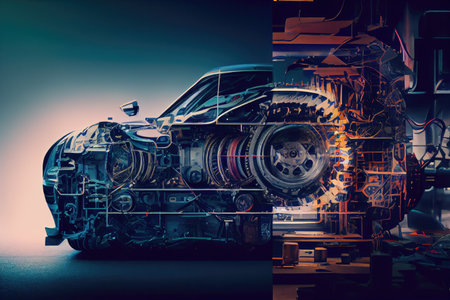 automotive industry double exposure of workshop with tools, car parts, and mechanics, created with generative aiの素材