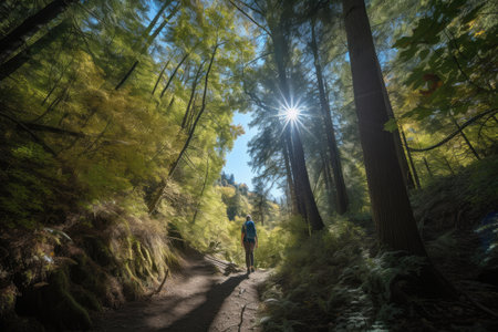 person, hiking through dense forest, with towering trees and clear blue skies, created with generative aiの素材
