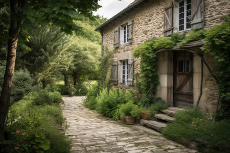 rustic french country house with wooden shutters, garden and stone walkway, created with generative aiの素材