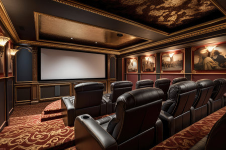 custom-built home theater with plush seats, crystal-clear picture, and surround sound, created with generative aiの素材