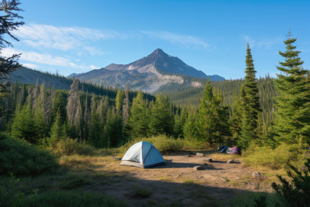 campsite with view of mountain range, surrounded by forest and clear blue skies, created with generative aiの素材