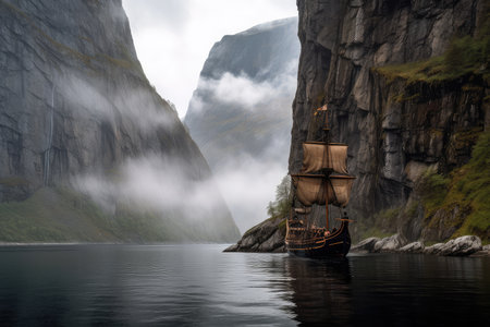 in the mist-filled fjord, viking ship sails past towering cliffs, created with generative aiの素材