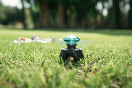 sprinkler system with adjustable timer, keeping lawn green and lush, created with generative aiの素材